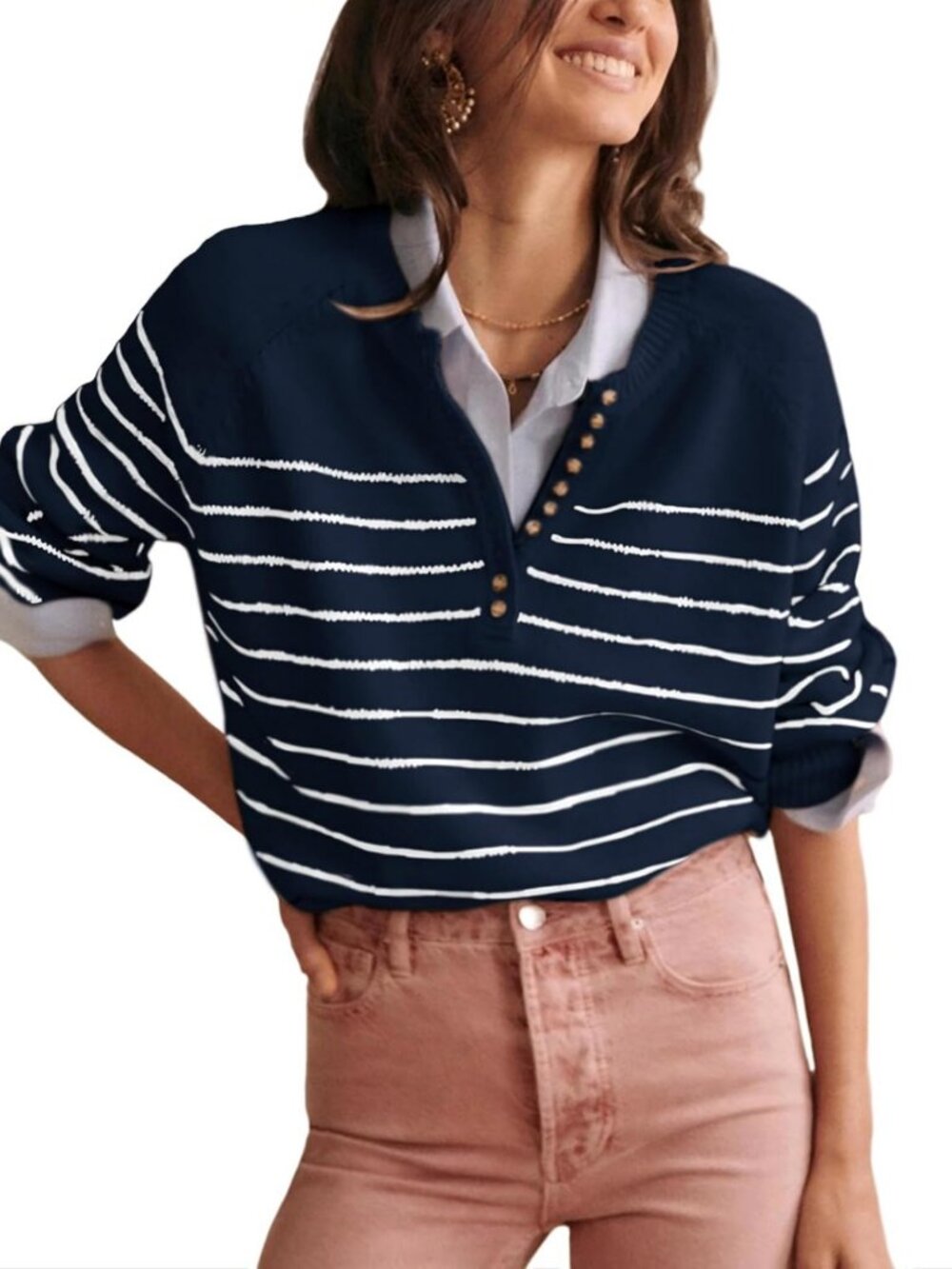 Color Block Striped Button-Up Crewneck Pullover Ribbed Knit Sweater Top
